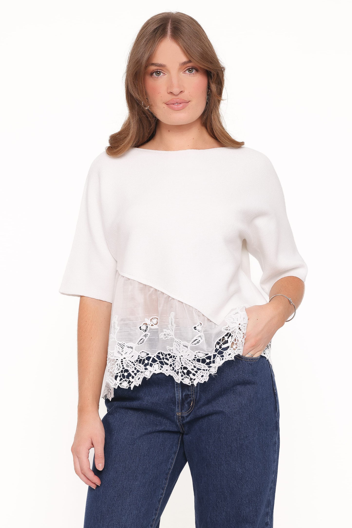 Chase Lace Hem Ribbed Top - Ivory