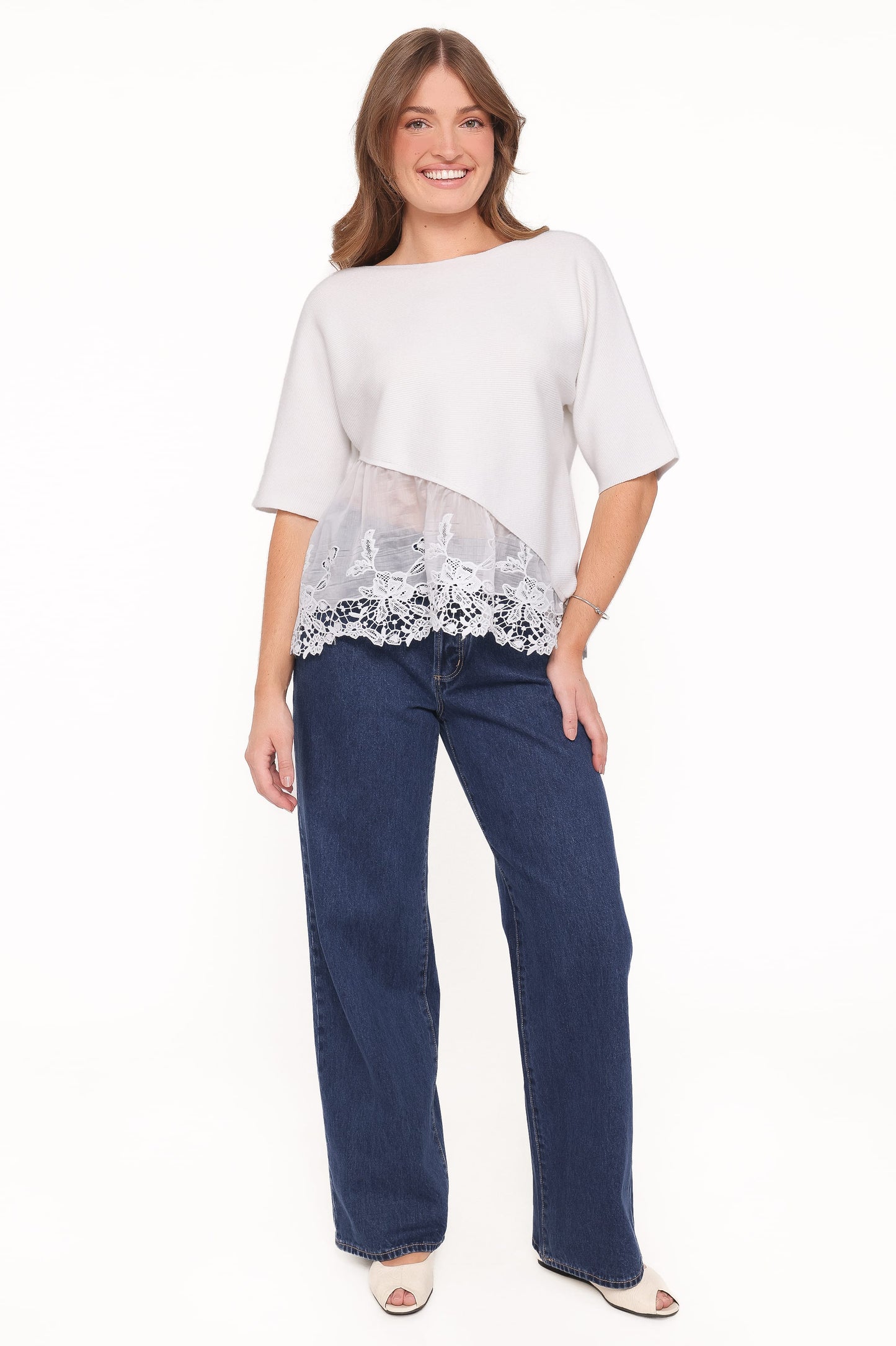 Chase Lace Hem Ribbed Top - Ivory