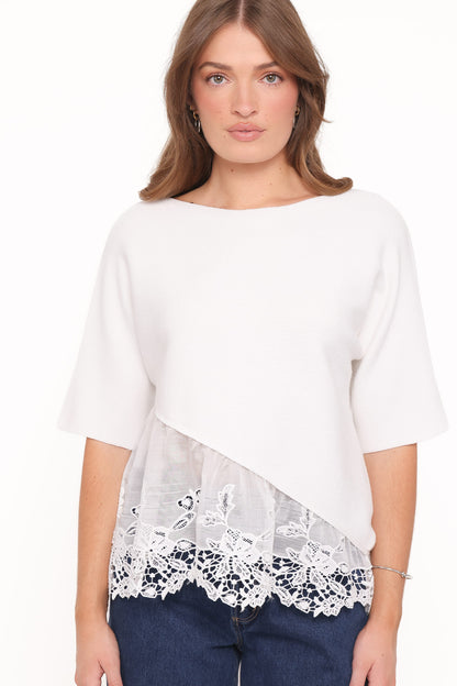 Chase Lace Hem Ribbed Top - Ivory