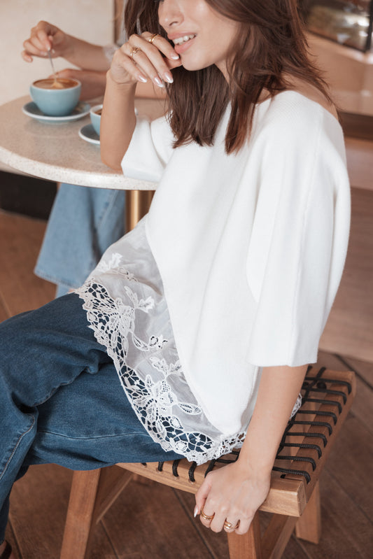 Chase Lace Hem Ribbed Top - Ivory